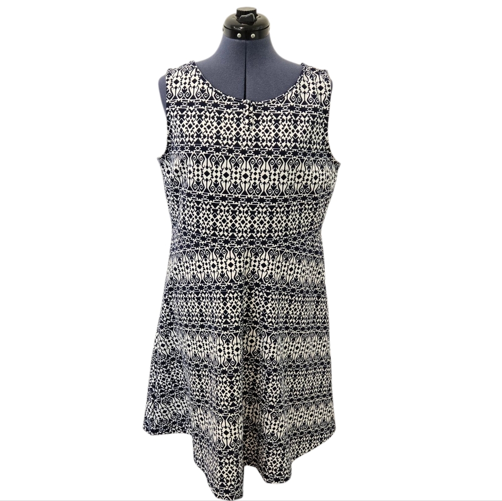 Talbots Plus Petites Navy And White Geometric Print Fit And Flare Dress 0XP